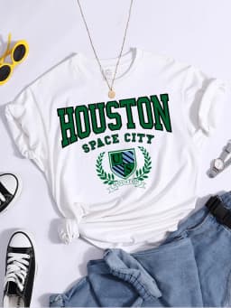 Bouston Space City Print Woman Tshirts Vintage Loose T-Shirts Niche Vintage Individual Top Tee Tshirt Short Sleeve Casual Tshirt