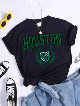 Bouston Space City Print Woman Tshirts Vintage Loose T-Shirts Niche Vintage Individual Top Tee Tshirt Short Sleeve Casual Tshirt