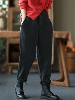 Amax luluE Womens 2024 Winter Solid Vintage Padded Harem Pants European Style Fur Elastic Design Elegant Casual Knitted Trousers