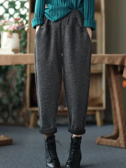 Amax luluE Womens 2024 Winter Solid Vintage Padded Harem Pants European Style Fur Elastic Design Elegant Casual Knitted Trousers
