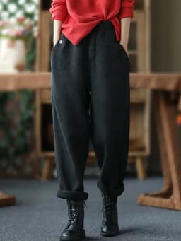Amax luluE Womens 2024 Winter Solid Vintage Padded Harem Pants European Style Fur Elastic Design Elegant Casual Knitted Trousers