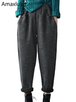 Amax luluE Womens 2024 Winter Solid Vintage Padded Harem Pants European Style Fur Elastic Design Elegant Casual Knitted Trousers