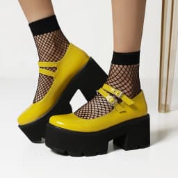 Super High Waterproof Platform Purple Patent Leather Platform Shoes Thick-Soled Bright Leather Yellow Hollow Heel Women's Shoes