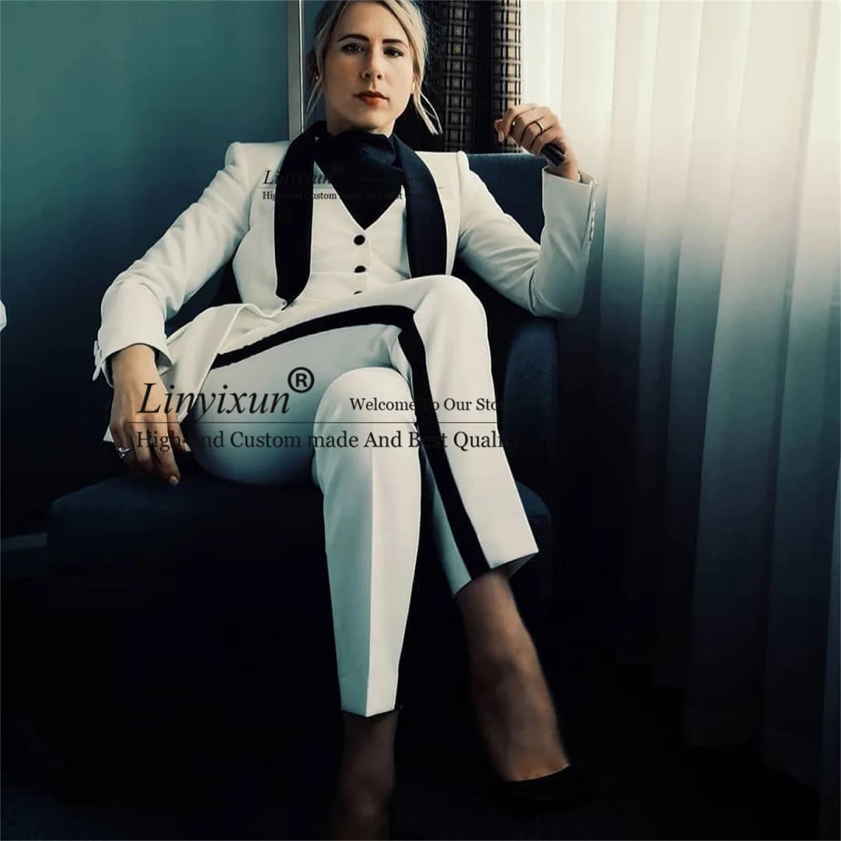 Black Peaked Lapel White Women Suits Smoking Business Lady 3 Pieces Set Customized Mother Of Bride Blazer Брючные костюмы