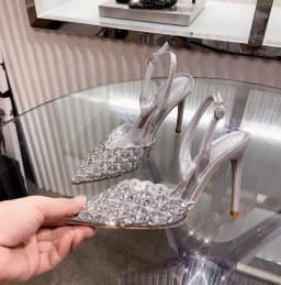 Glitter Rhinestone Drill Lattice Cutout Pumps Lady Back Strap Thin Heels Wedding Shoes black suede Pointed Toe crystal  high Hee