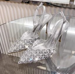 Glitter Rhinestone Drill Lattice Cutout Pumps Lady Back Strap Thin Heels Wedding Shoes black suede Pointed Toe crystal  high Hee