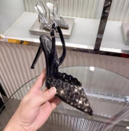 Glitter Rhinestone Drill Lattice Cutout Pumps Lady Back Strap Thin Heels Wedding Shoes black suede Pointed Toe crystal  high Hee