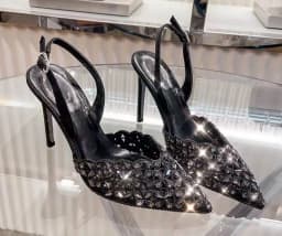Glitter Rhinestone Drill Lattice Cutout Pumps Lady Back Strap Thin Heels Wedding Shoes black suede Pointed Toe crystal  high Hee