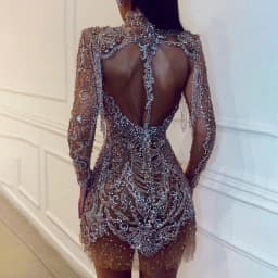 rhinestones mini dress sparkly crystals high neck long sleeve transparent silver women evening tassels party dress