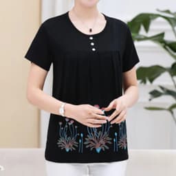 UHYTGF Middle-Aged Women T-Shirt O Neck Short Sleeve Casual Mother Summer T-Shirt Elastic Cotton Thin Big Size Tops Blouses 2161