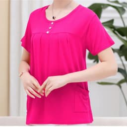 UHYTGF Middle-Aged Women T-Shirt O Neck Short Sleeve Casual Mother Summer T-Shirt Elastic Cotton Thin Big Size Tops Blouses 2161