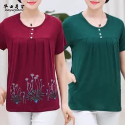 UHYTGF Middle-Aged Women T-Shirt O Neck Short Sleeve Casual Mother Summer T-Shirt Elastic Cotton Thin Big Size Tops Blouses 2161
