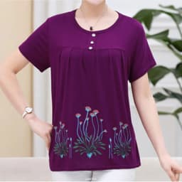 UHYTGF Middle-Aged Women T-Shirt O Neck Short Sleeve Casual Mother Summer T-Shirt Elastic Cotton Thin Big Size Tops Blouses 2161
