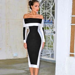Wholesale Women's Black White Stitching Long Sleeve Slash Neck Mid-Length Sexy Evening Celebrity Cocktail Party Bandage Dress