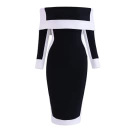 Wholesale Women's Black White Stitching Long Sleeve Slash Neck Mid-Length Sexy Evening Celebrity Cocktail Party Bandage Dress