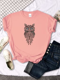 Female t-Shirt Womens Blue Eyed Owl Animal Picture Printing Clothes Women's Oversized Casual Slim T-Shirt Japan Style Tees