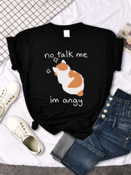 No Talk Me Cute Angy Cat T-Shirt Woman Solid Tops Women Harajuku Style Casual Tees Oversize Soft Female Short Sleeve