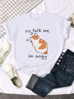 No Talk Me Cute Angy Cat T-Shirt Woman Solid Tops Women Harajuku Style Casual Tees Oversize Soft Female Short Sleeve