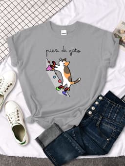 Cat Rock Climbing Cute Print T-Shirt Womens Kawaii Cartoon Graphic Tops Females Korean Fashion Oversize Harajuku Girls Tshirts