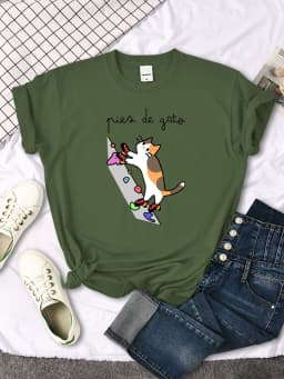 Cat Rock Climbing Cute Print T-Shirt Womens Kawaii Cartoon Graphic Tops Females Korean Fashion Oversize Harajuku Girls Tshirts
