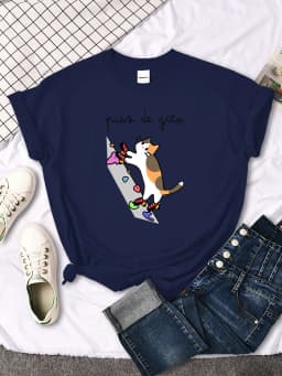 Cat Rock Climbing Cute Print T-Shirt Womens Kawaii Cartoon Graphic Tops Females Korean Fashion Oversize Harajuku Girls Tshirts