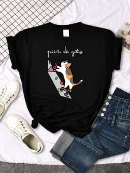 Cat Rock Climbing Cute Print T-Shirt Womens Kawaii Cartoon Graphic Tops Females Korean Fashion Oversize Harajuku Girls Tshirts