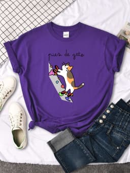 Cat Rock Climbing Cute Print T-Shirt Womens Kawaii Cartoon Graphic Tops Females Korean Fashion Oversize Harajuku Girls Tshirts