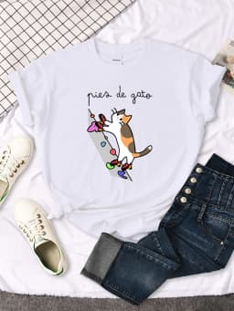 Cat Rock Climbing Cute Print T-Shirt Womens Kawaii Cartoon Graphic Tops Females Korean Fashion Oversize Harajuku Girls Tshirts