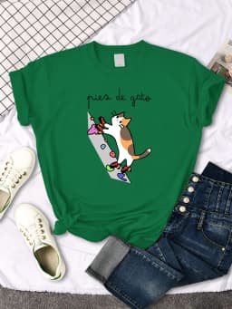Cat Rock Climbing Cute Print T-Shirt Womens Kawaii Cartoon Graphic Tops Females Korean Fashion Oversize Harajuku Girls Tshirts