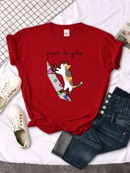 Cat Rock Climbing Cute Print T-Shirt Womens Kawaii Cartoon Graphic Tops Females Korean Fashion Oversize Harajuku Girls Tshirts