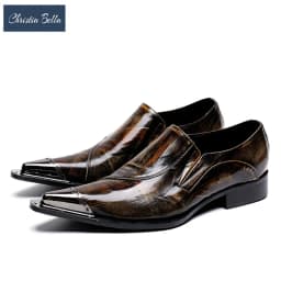 Christia Bella British Style Brown Men Genuine Leather Shoes Pointed Toe Business Formal Shoes Party Celebration Brogue Shoes