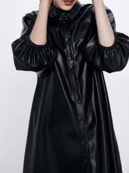KEYANKETIAN Women's Faux Leather Dress Fall New Puff Sleeve Lapel Black PU Leather Three-quarter Sleeve A-Line Mini Skirt