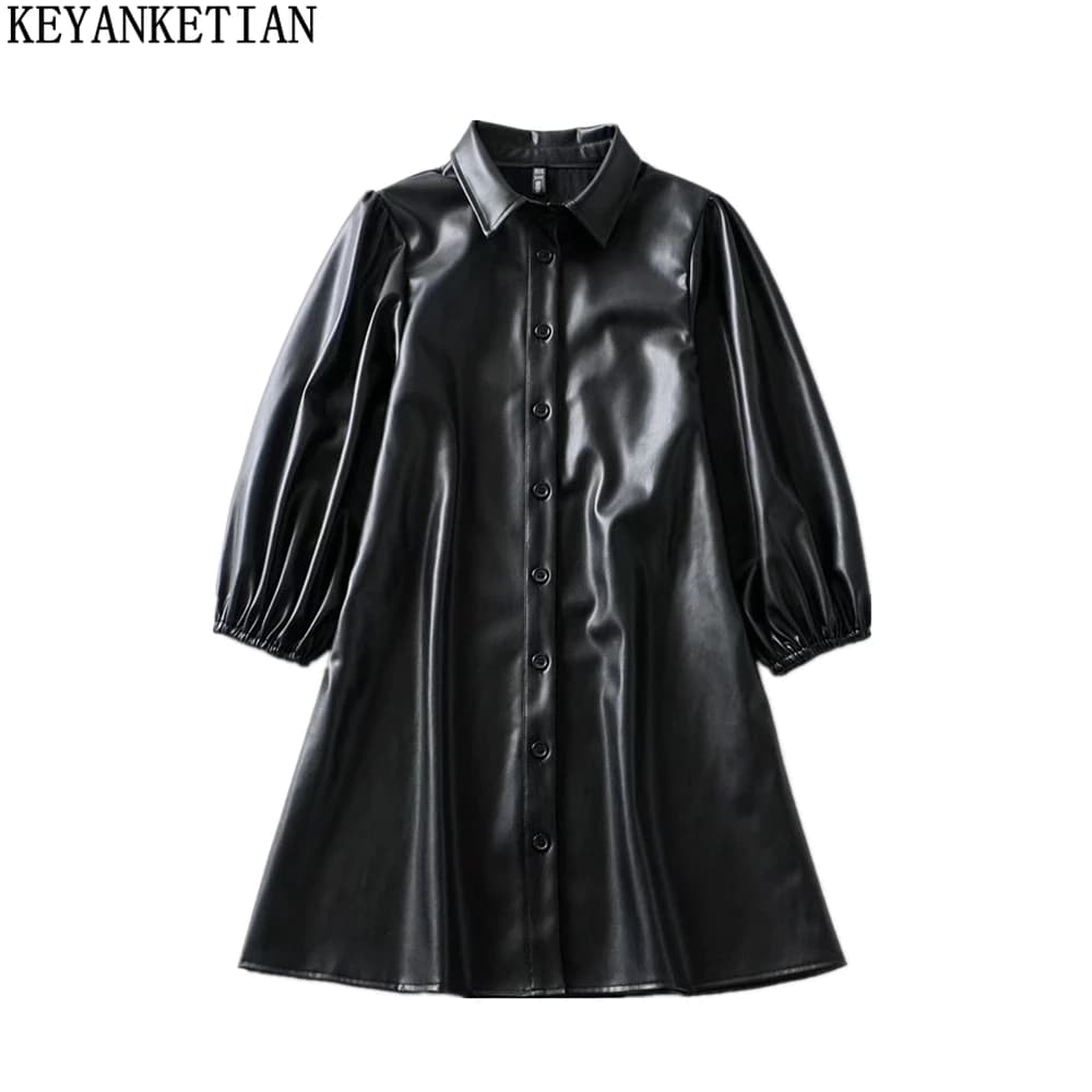 KEYANKETIAN Women's Faux Leather Dress Fall New Puff Sleeve Lapel Black PU Leather Three-quarter Sleeve A-Line Mini Skirt