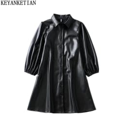 KEYANKETIAN Women's Faux Leather Dress Fall New Puff Sleeve Lapel Black PU Leather Three-quarter Sleeve A-Line Mini Skirt