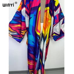 WINYI bright Geometric printing sweet lady beach Cardigan Cover-up stitch Cocktail Boho Maxi Holiday party long Sleeve kimono