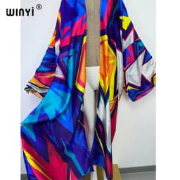 WINYI bright Geometric printing sweet lady beach Cardigan Cover-up stitch Cocktail Boho Maxi Holiday party long Sleeve kimono