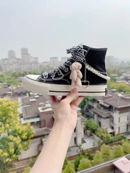 Amy and Michael Sweet Lovely Girls Students Casual Tennis Sneakers Kawaii Anime Bear Dolls Hand Made Cavas Shoes Women High Tops
