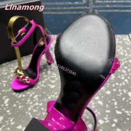 Round Toe Luxury Design Sandals 2024 Summer New Women Solid Thin High Heel Leather Sexy Luxury Metal Chain Wedding Party Shoes