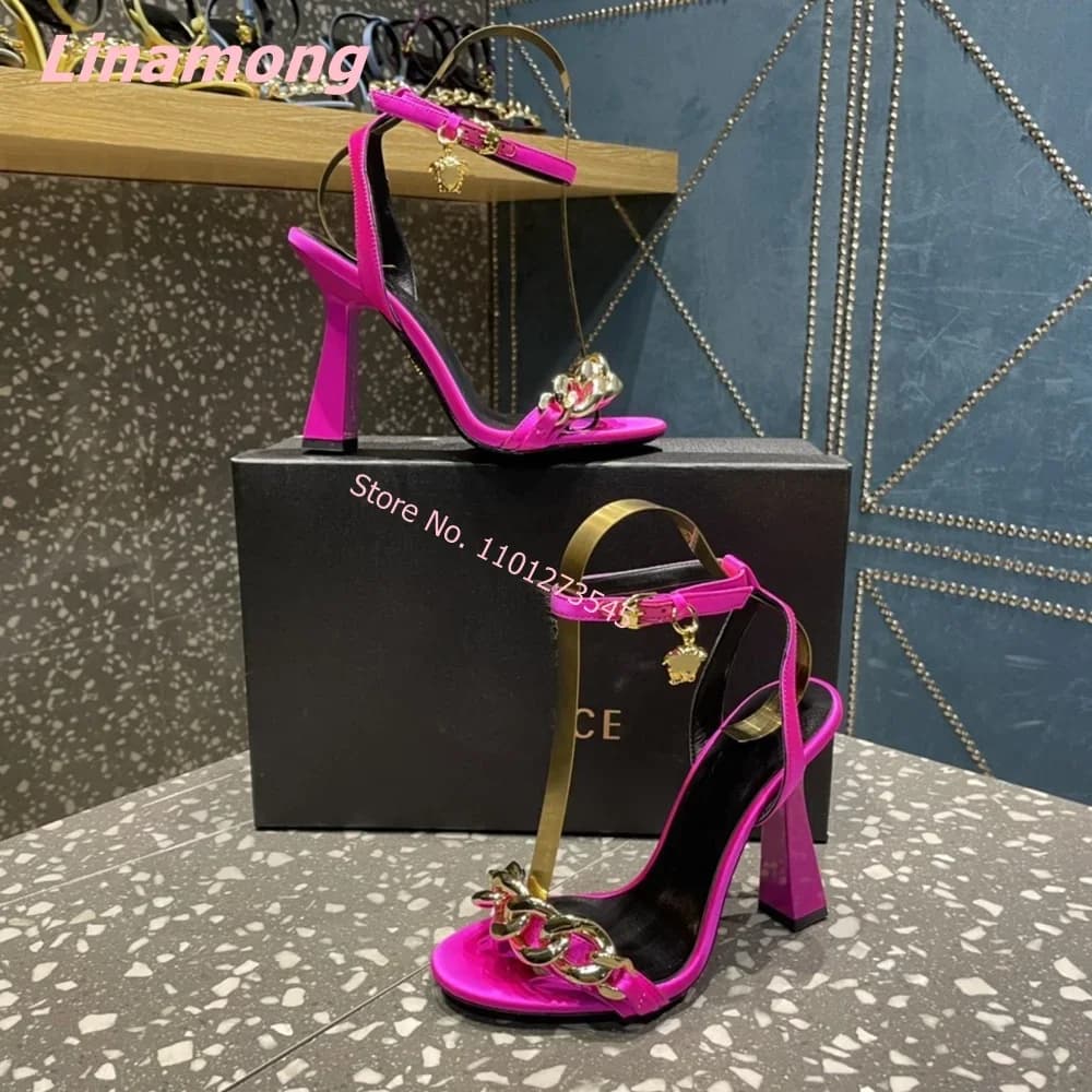 Round Toe Luxury Design Sandals 2024 Summer New Women Solid Thin High Heel Leather Sexy Luxury Metal Chain Wedding Party Shoes