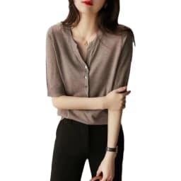 2022 thin knit short sleeve women's pullover V neck cotton thread half sleeve top fashion short cotton and linen bottom T-shirt