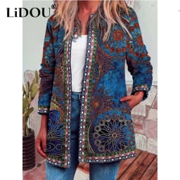 Y2K Spring Autumn Vintage Ethnic Style Cardigan Long Sleeve Printed Jackets Loose Outerwear Ladies Coat Harajuku Tops Women