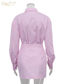 Clacive Fashion Pink Stripe Two Piece Sets Womens Outifits Autumn Sexy Long Sleeve Shirts Matching High Waist Mini Skirt Sets