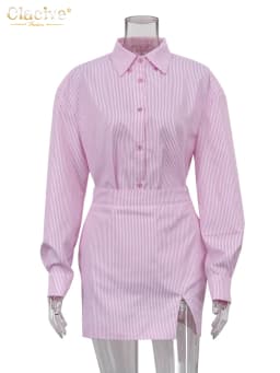 Clacive Fashion Pink Stripe Two Piece Sets Womens Outifits Autumn Sexy Long Sleeve Shirts Matching High Waist Mini Skirt Sets