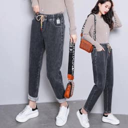 Winter Baggy Warm Fleece Lined Jeans Women Vintage Lace Up Harem Denim Pants Ankle-length Vaqueros Thicken Kot Pantalones New