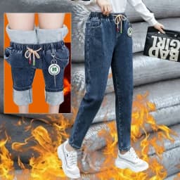 Winter Baggy Warm Fleece Lined Jeans Women Vintage Lace Up Harem Denim Pants Ankle-length Vaqueros Thicken Kot Pantalones New