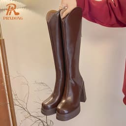 INS New 2023 Autumn Winter Warm Genuine Leather High Heels Platform Black Beige Dress Office Female Knee High Boots Size 34-40