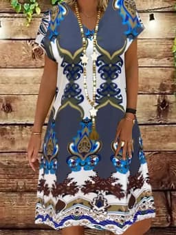 Floral Printed Vintage Dresses Summer 2022 Elegant Women Abstract Dress V Neck Lady Short Sleeve Casual Oversized Loose Clothing