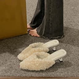 Luxury Kitten Heel Furry Mule Slides Women Rose Pink Sexy Slippers Ladies Pointy Toe Stiletto Plush Sandals Winter Party Shoes