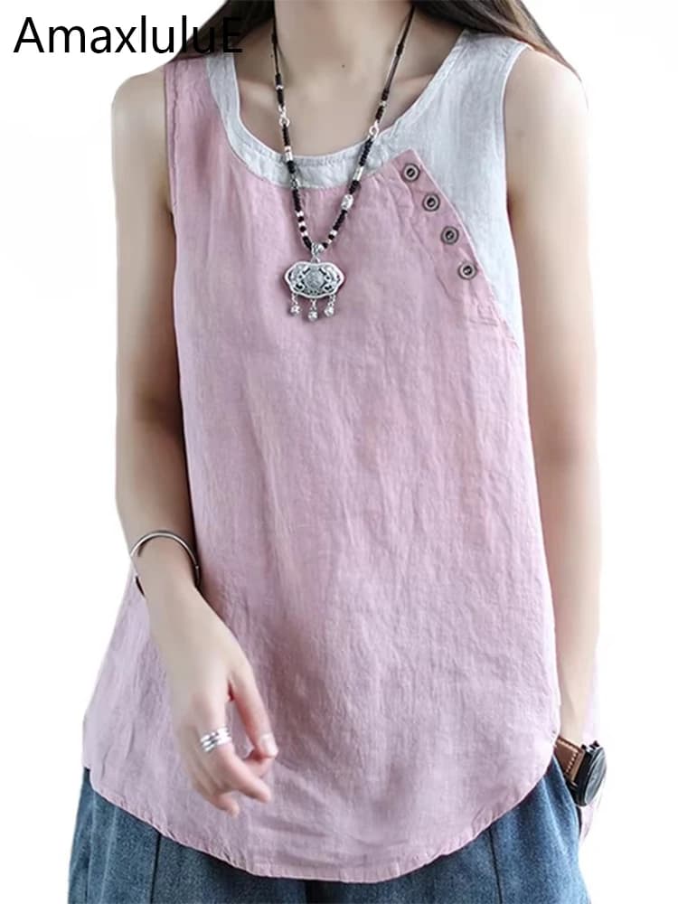 Amax luluE Summer Design Style Clothes Womens Pink Casual Tank Ladies Cotton Linen T-shirts Girl Buttons Vintage Tops Big Size