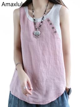 Amax luluE Summer Design Style Clothes Womens Pink Casual Tank Ladies Cotton Linen T-shirts Girl Buttons Vintage Tops Big Size